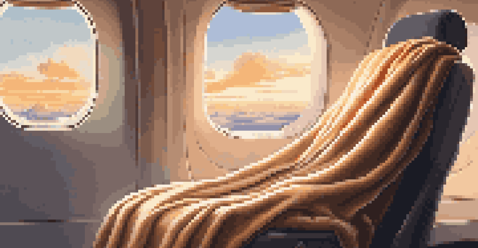 A soft cashmere travel blanket draped over an airplane seat, with a view of clouds outside the window.