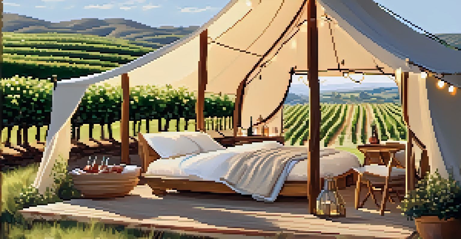 A luxurious glamping setup in a vineyard with a tent, plush bed, and picnic setting.