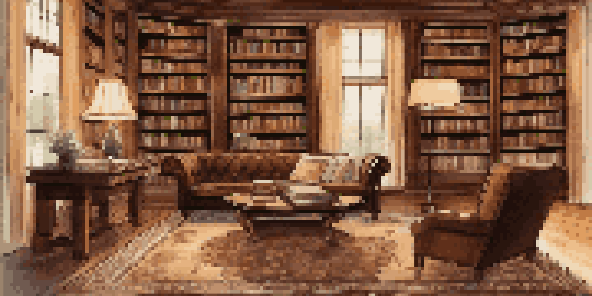A luxurious home library with mahogany bookshelves, a brown leather armchair, warm lighting, and a decorative rug.