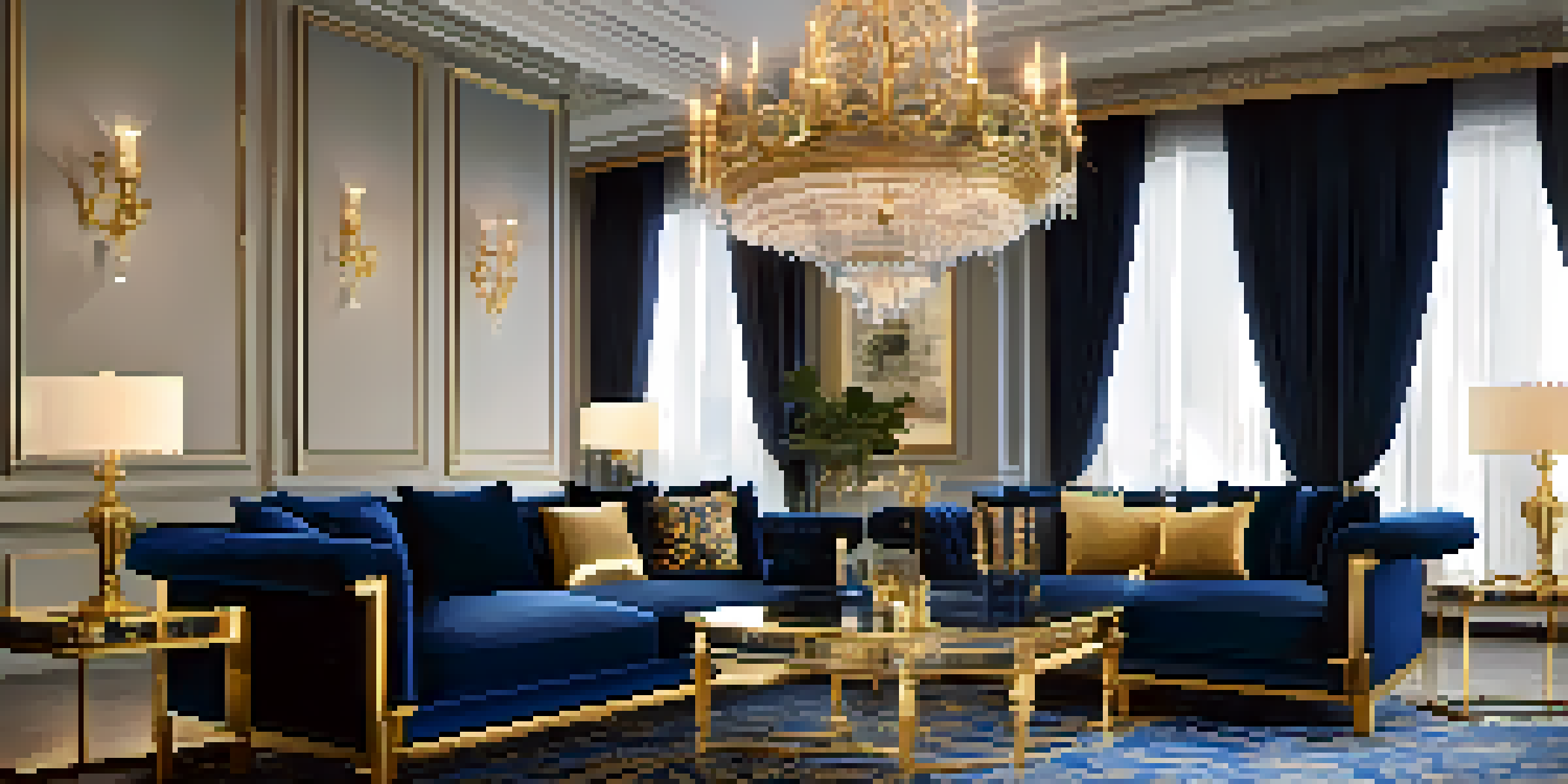 A luxurious living room with elegant furniture, a grand chandelier, and a plush velvet sofa in navy blue.