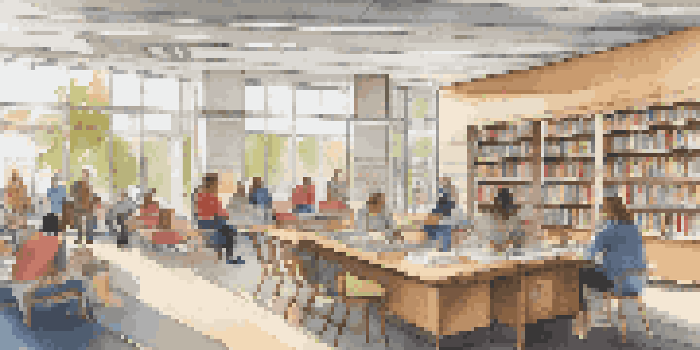 A spacious library filled with natural light, showcasing patrons reading and discussing in comfortable seating areas with colorful bookshelves.