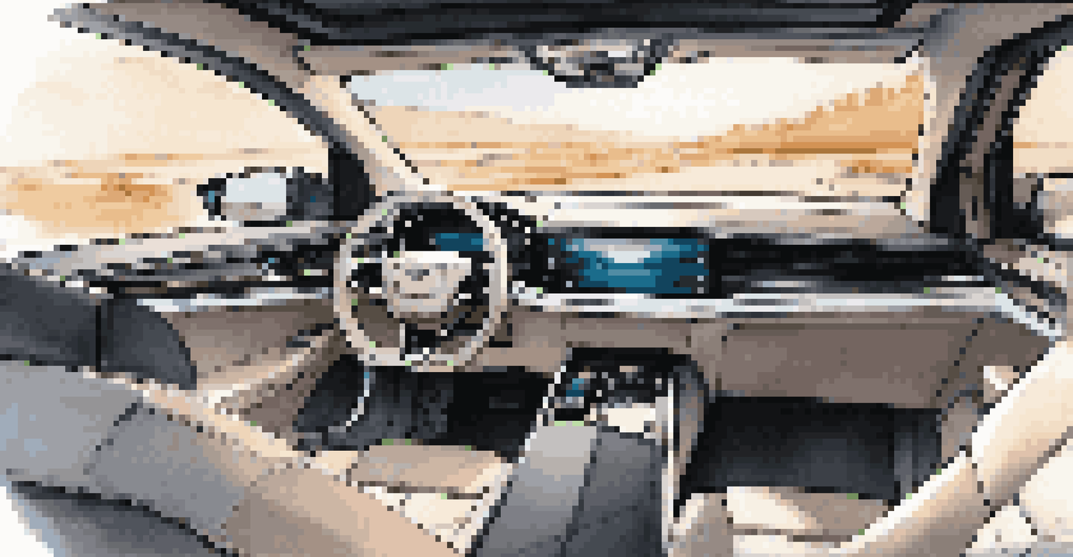 An interior view of a luxury electric vehicle with leather seats and a high-tech dashboard under a panoramic sunroof.