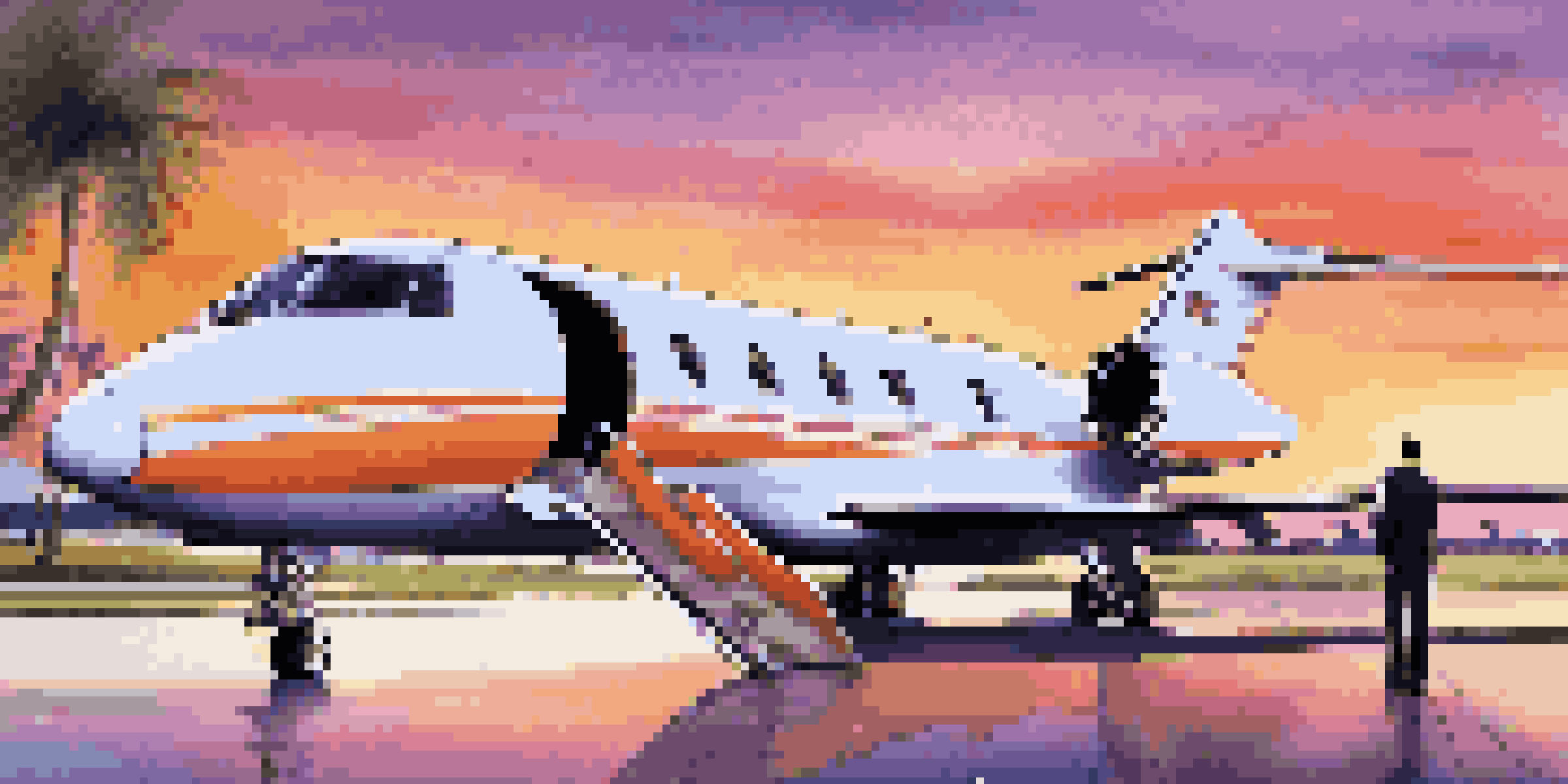 A luxurious private jet on a runway at sunset with a well-dressed person boarding.