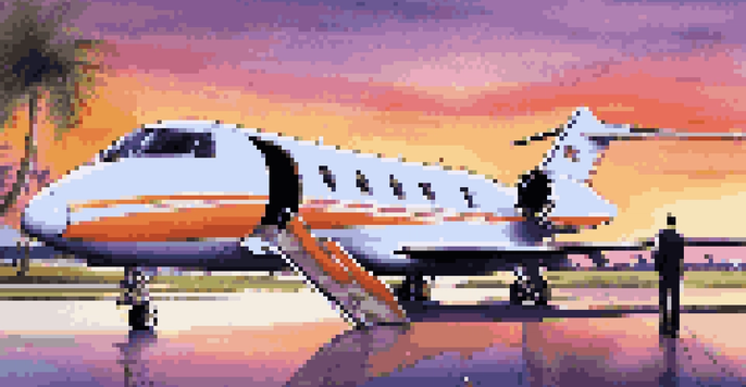 A luxurious private jet on a runway at sunset with a well-dressed person boarding.