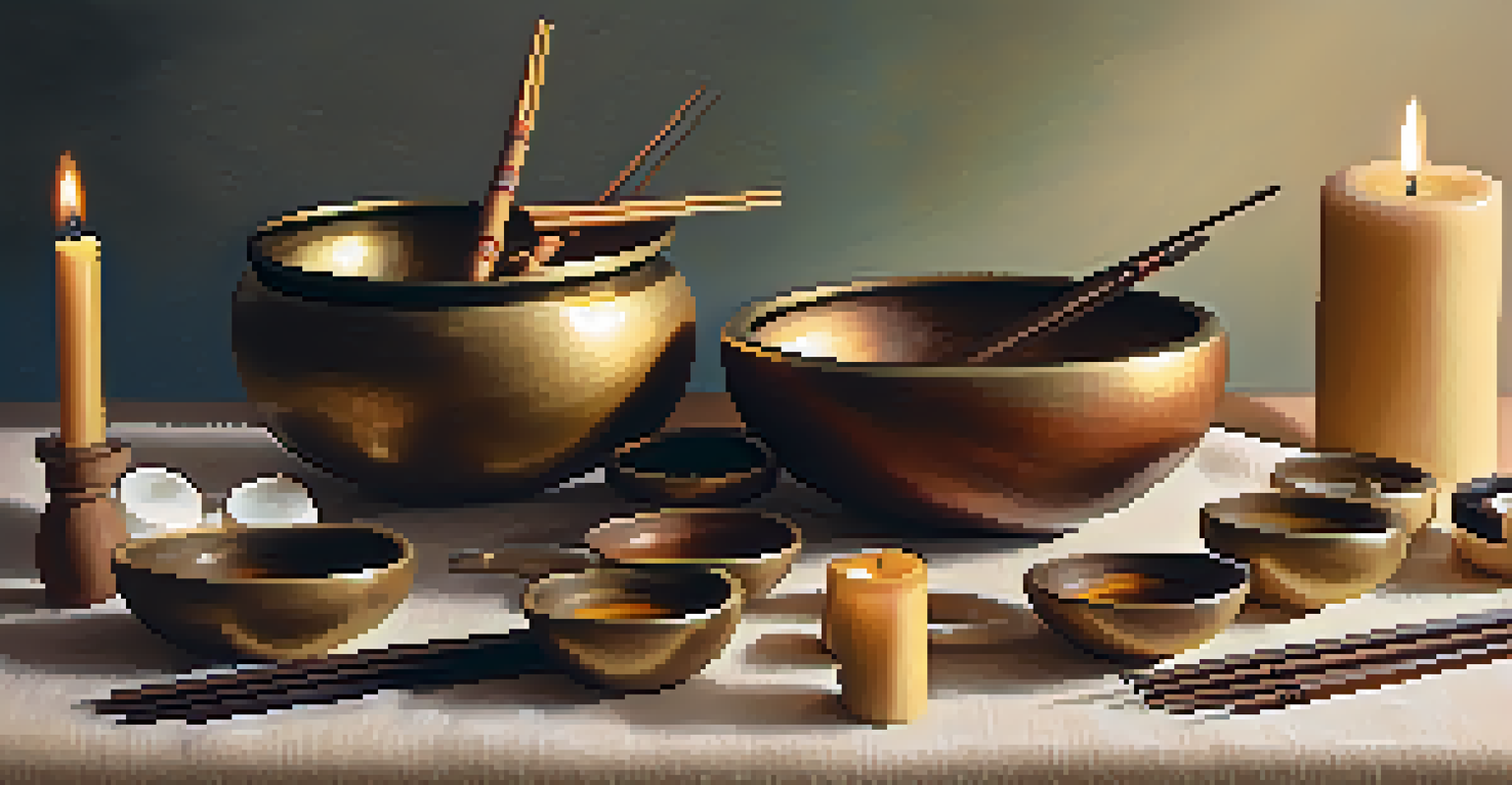 A close-up view of sound therapy instruments including singing bowls and tuning forks on a soft background.