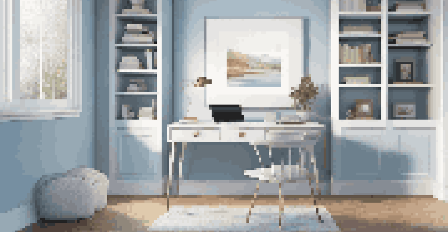 A minimalist home office with a white desk, soft blue walls, and inspiring artwork.