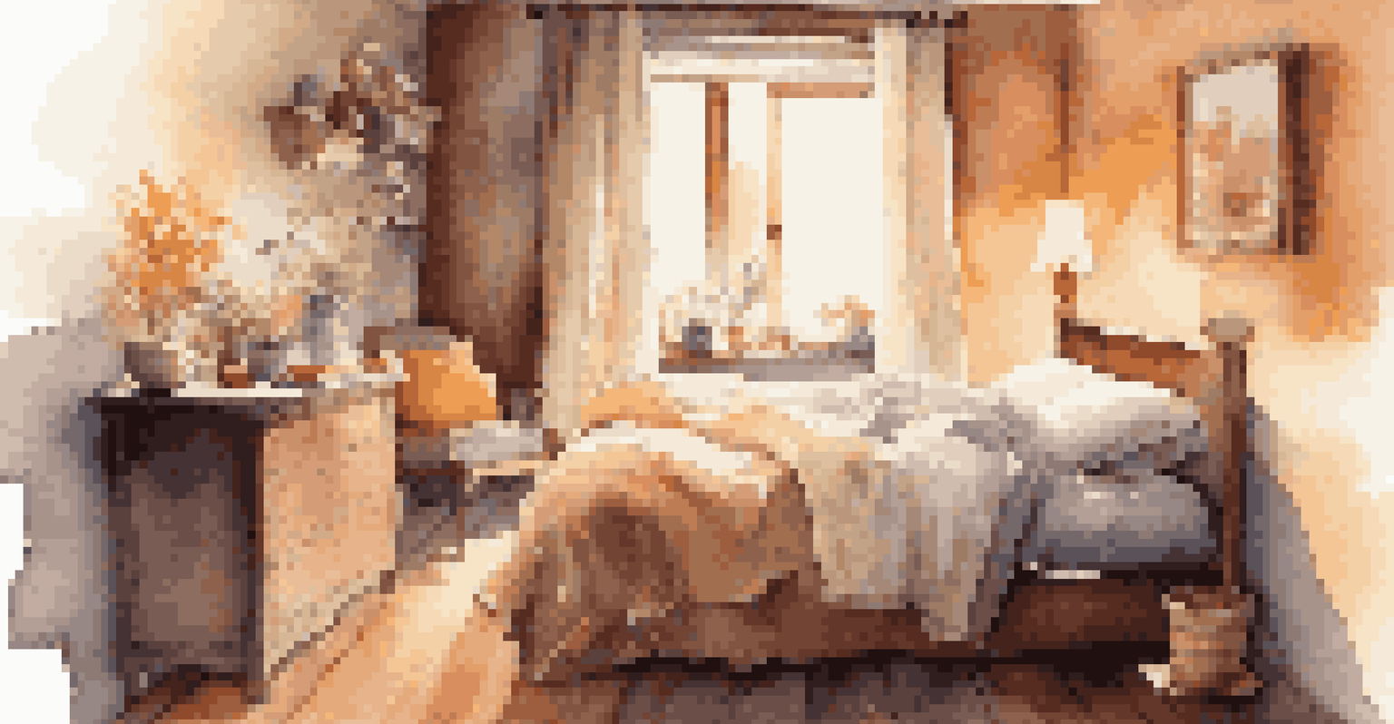 A cozy bedroom with a person relaxing in bed after a warm bath, warm lighting, a blanket, and a cup of tea on the bedside table.