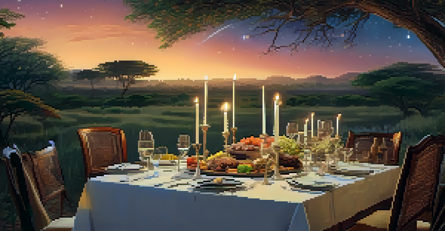 An elegant dining setup under the stars with a five-course meal and wine in an African wilderness setting.