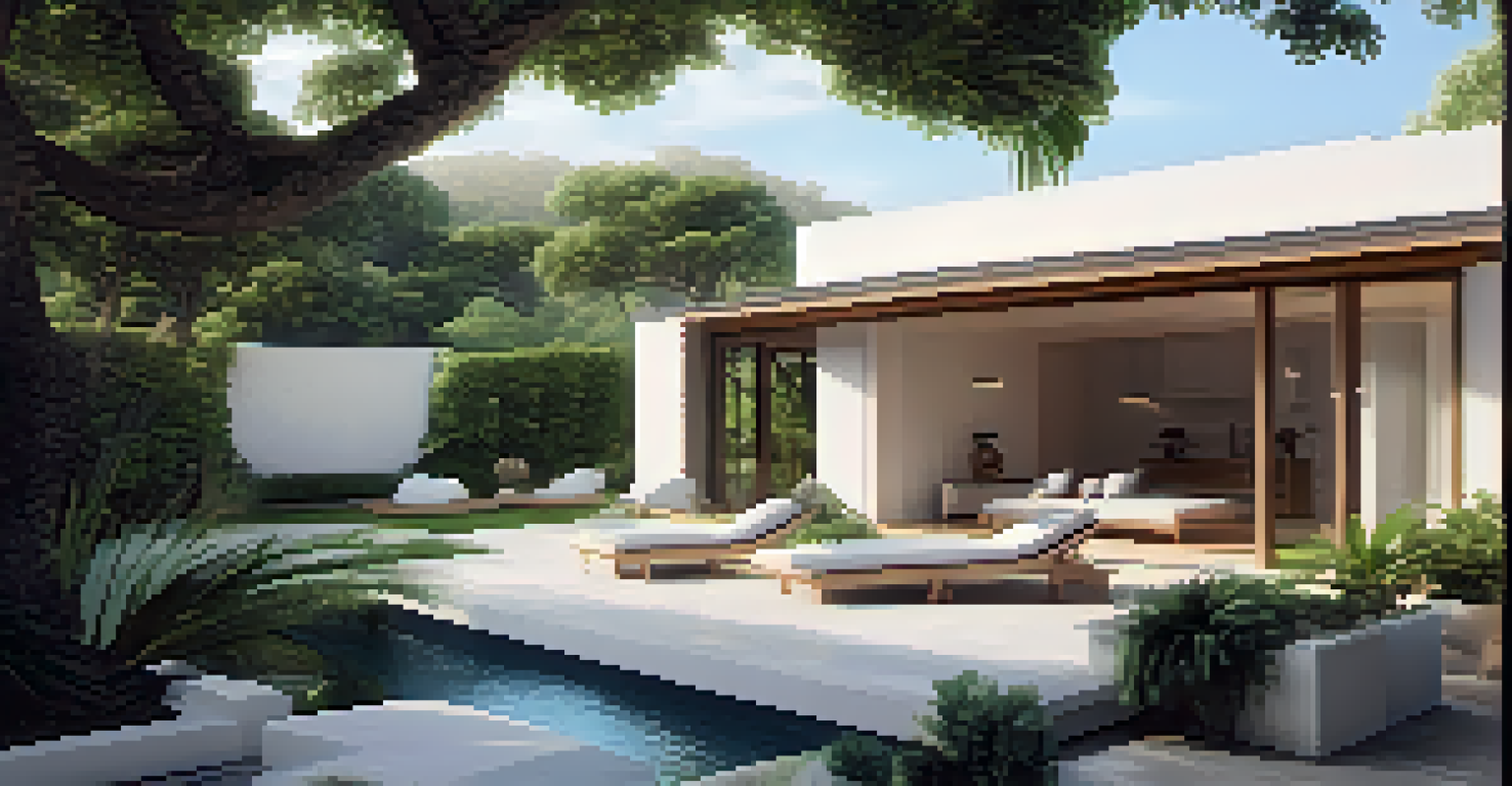 A minimalist outdoor seating area with greenery in the foreground and a luxurious villa in the background, showcasing a blend of accessibility and aspiration.