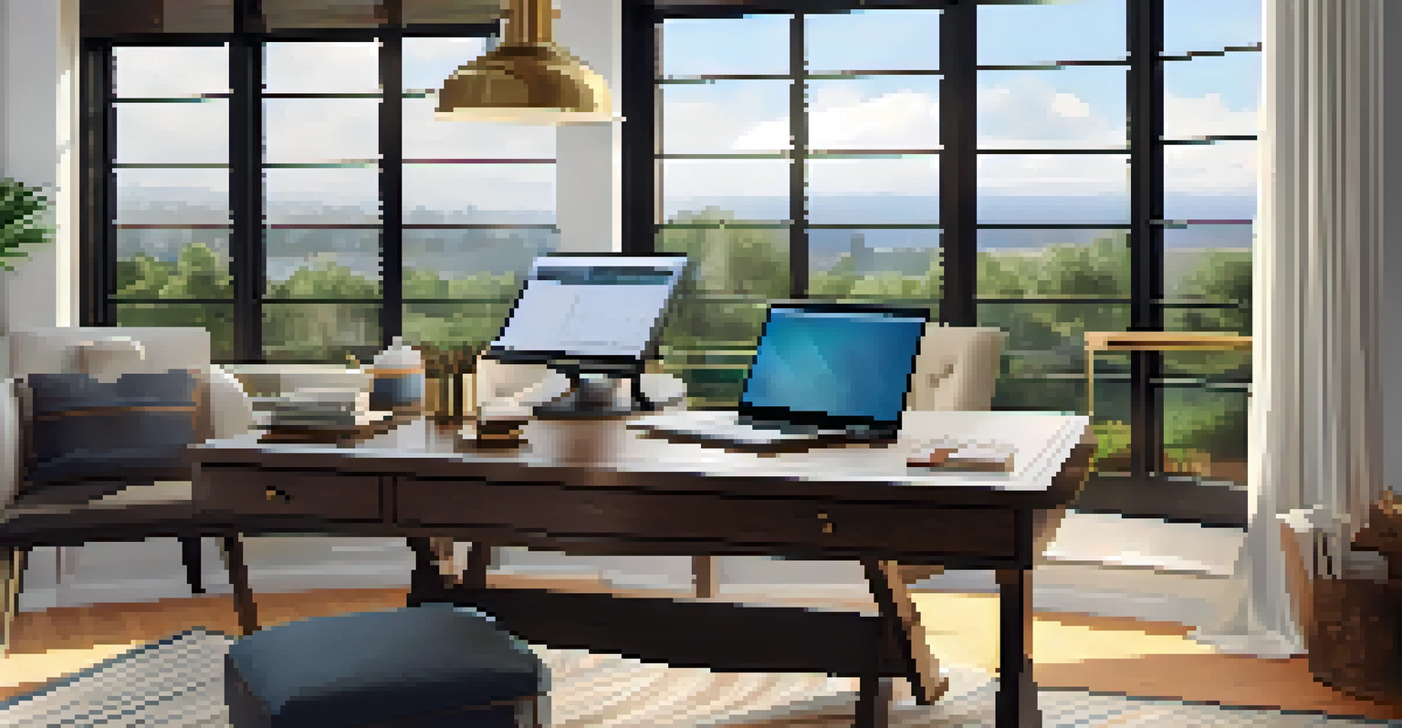 A sophisticated home office with a personal assistant device on the desk, natural light coming through the window.