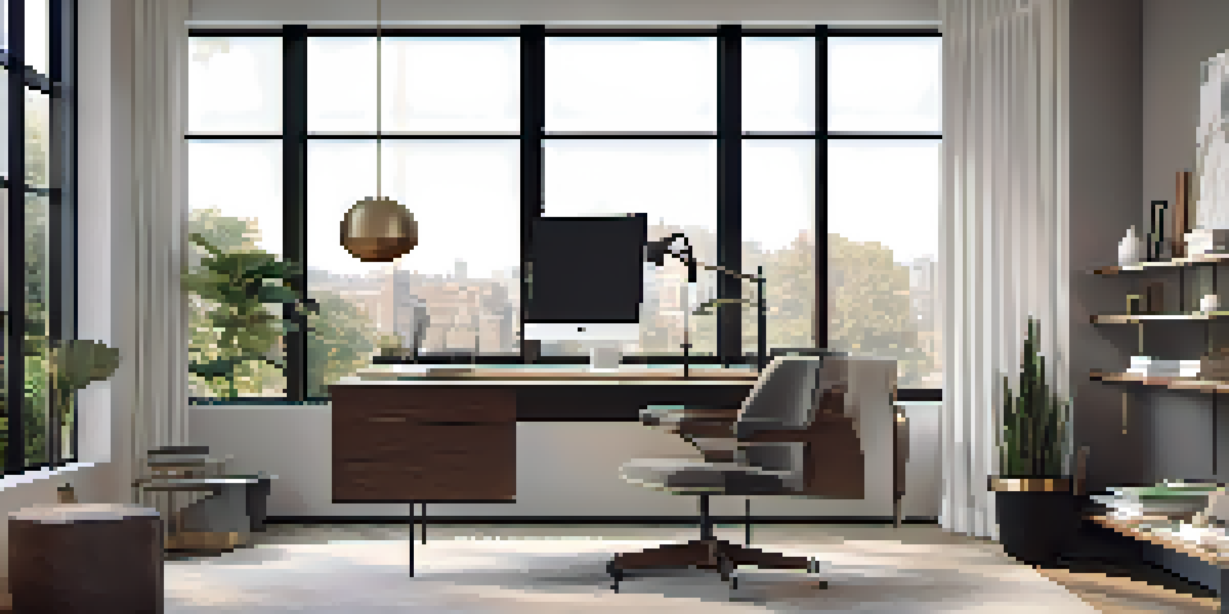 A modern and luxurious home office with a sleek desk, ergonomic chair, large windows, minimalist artwork, and smart devices.