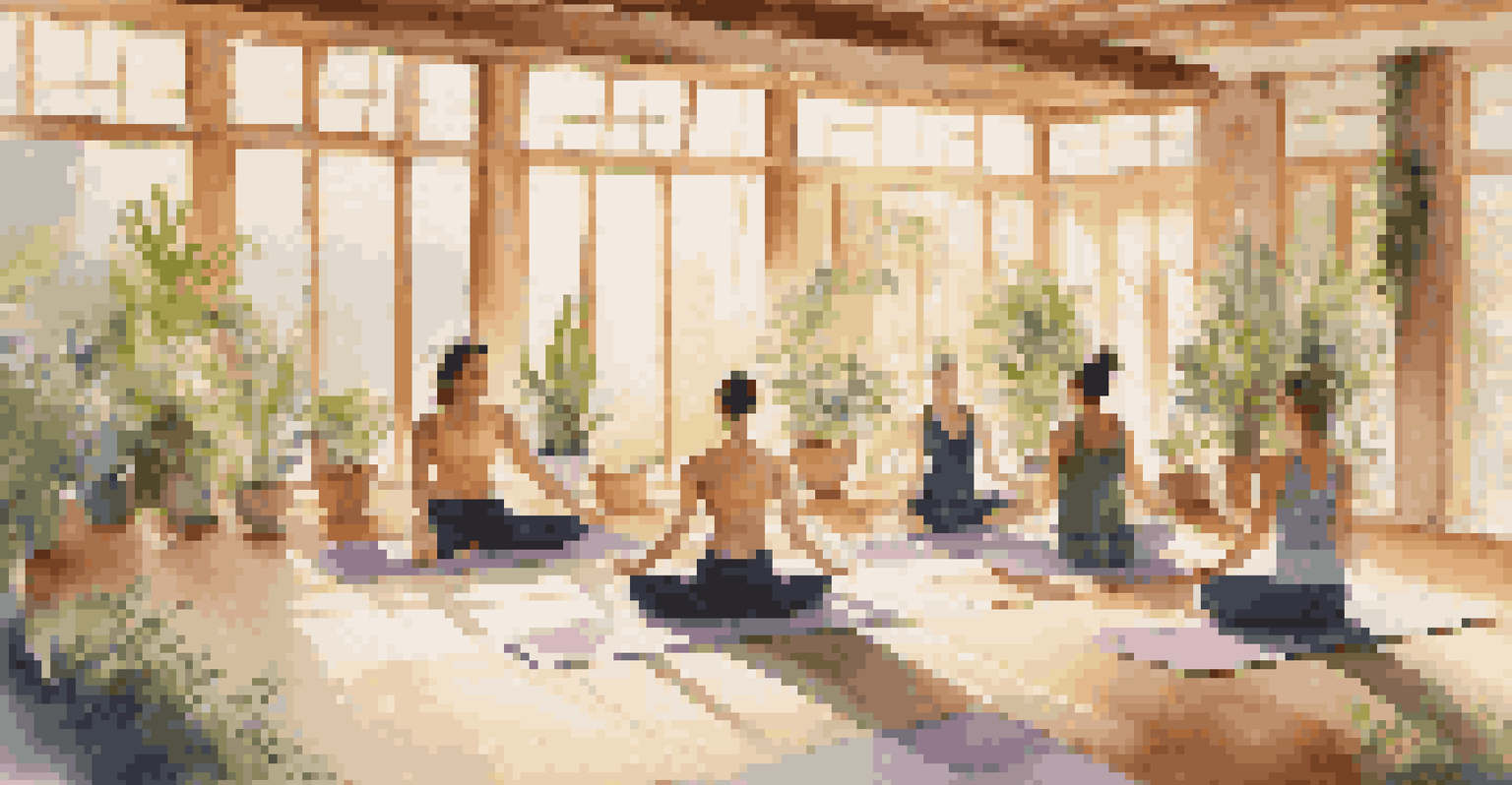 Participants in a yoga session practicing mindful breathing in a bright, plant-filled room.
