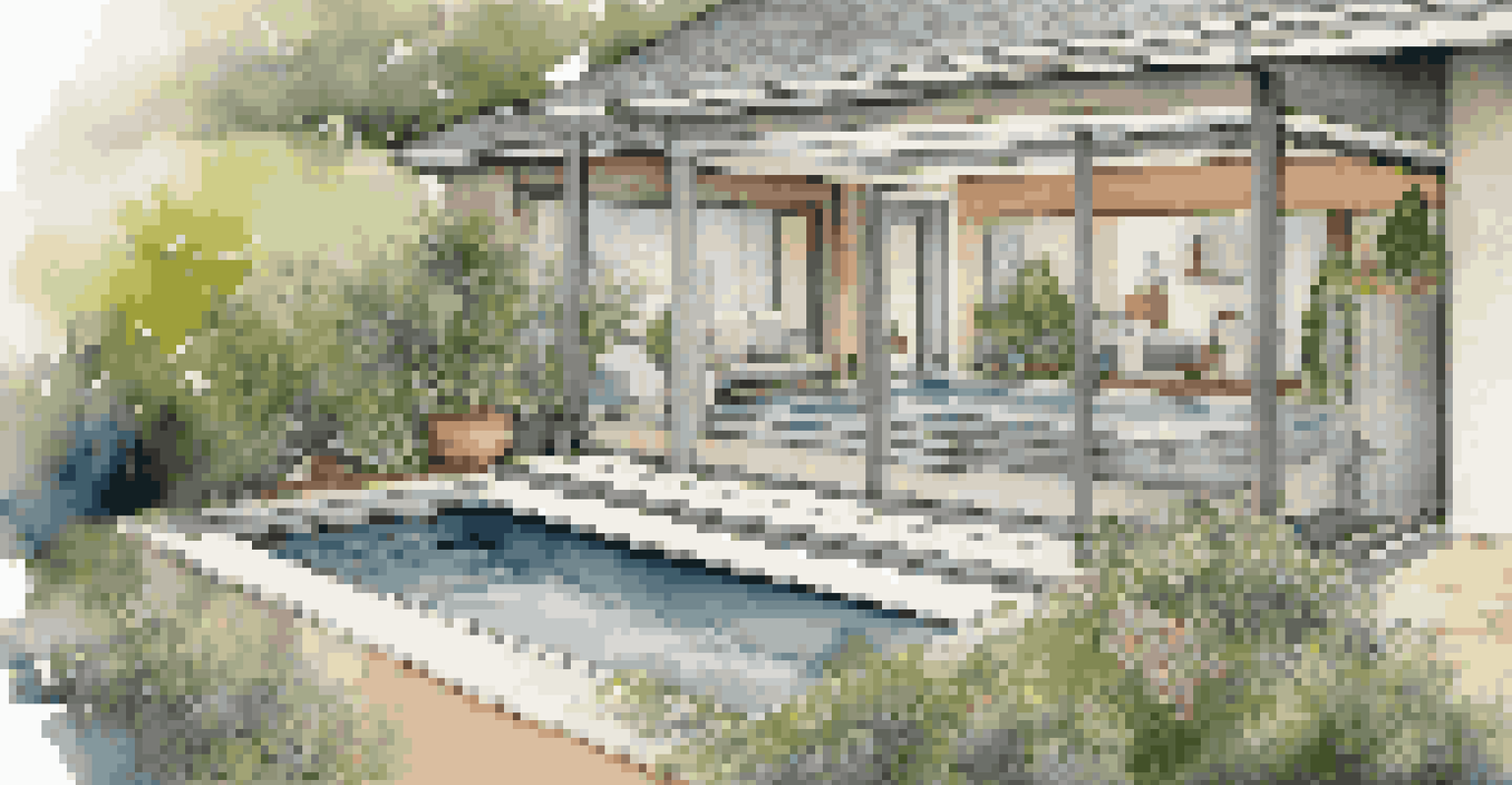 A detailed view of a greywater treatment system in a luxury home, showcasing its filtration and clean water output amidst a beautiful garden.