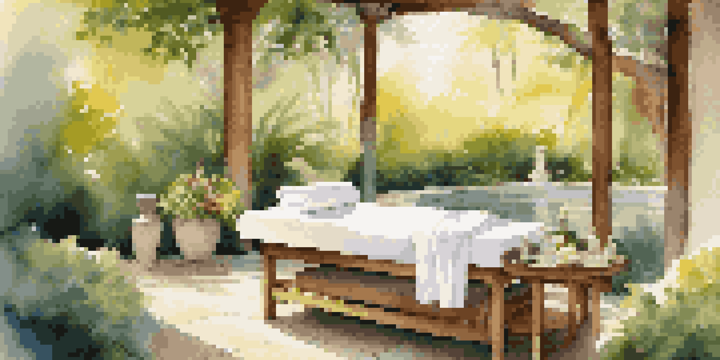 An outdoor luxury spa treatment area with a massage table, surrounded by greenery and flowers, illuminated by warm sunlight.