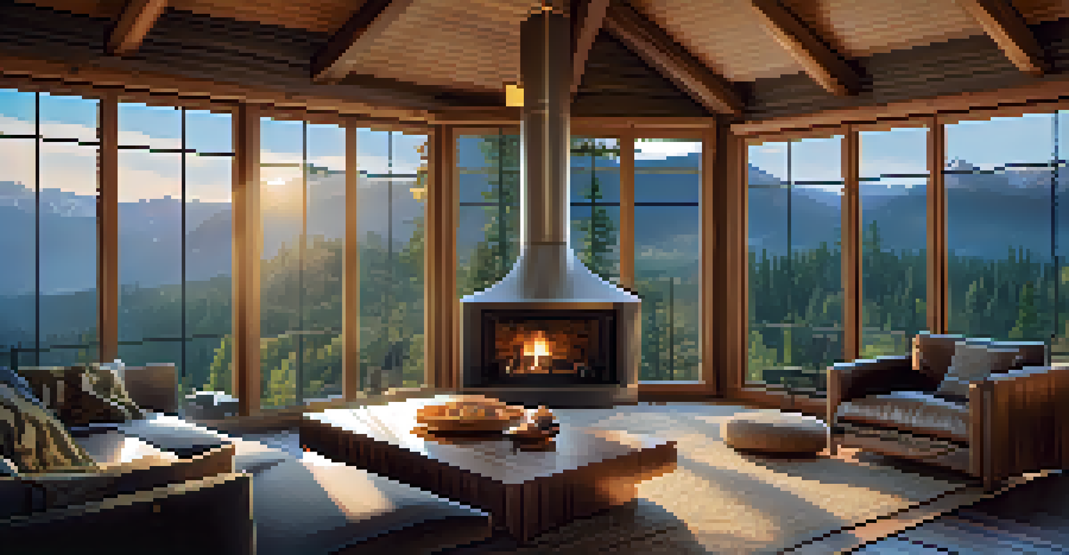 The interior of a cozy cabin with comfortable seating, a fireplace, and large windows revealing a mountain view, designed for relaxation.