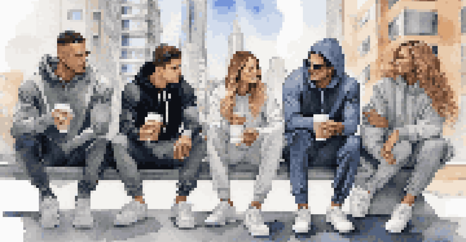 A group of friends in luxury athleisure outfits enjoying coffee in an urban setting.
