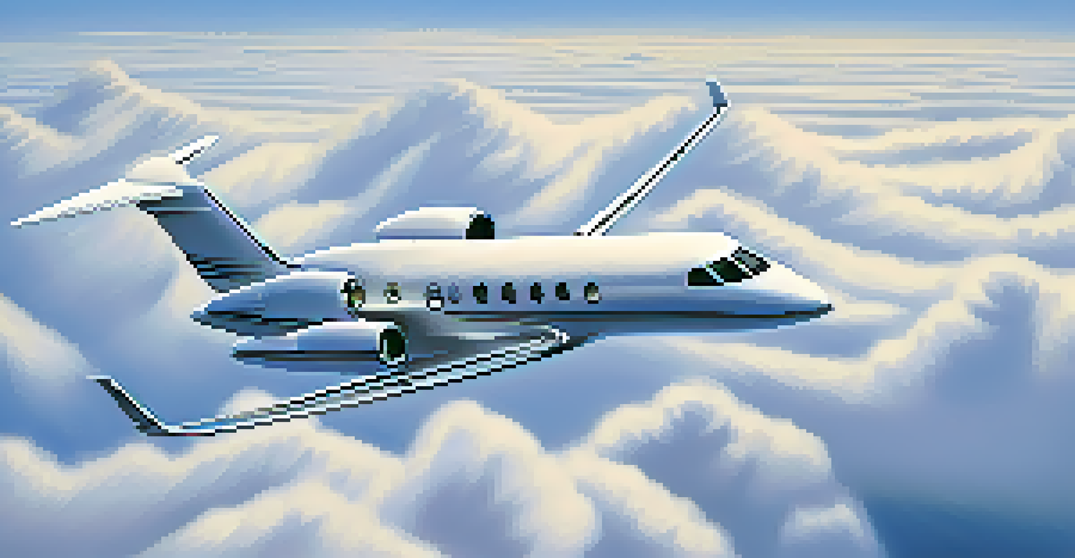 Aerial view of a private jet flying above the clouds with a clear blue sky and a vapor trail.