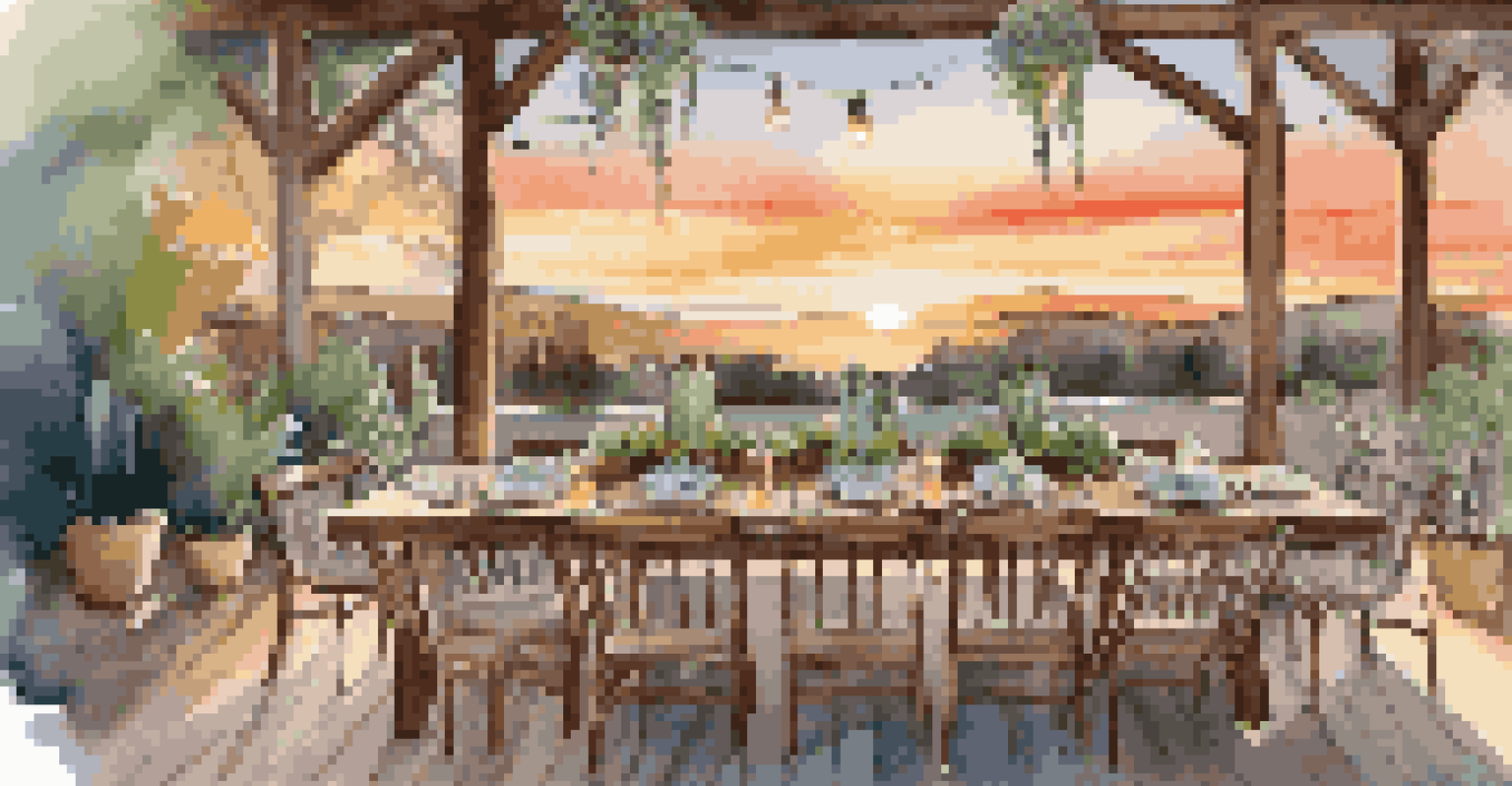 An elegant outdoor dining setup with a wooden table and comfortable chairs, decorated with succulents and candles against a sunset backdrop.