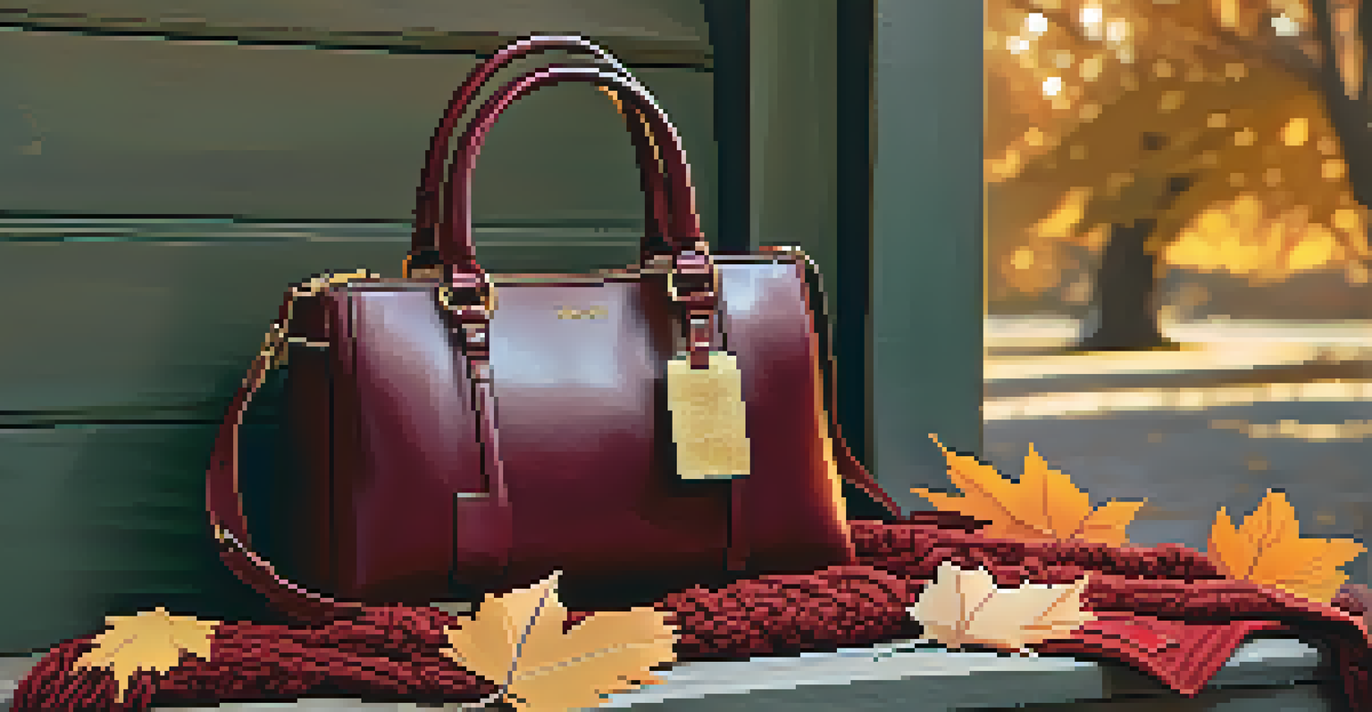 A structured burgundy leather handbag on a rustic wooden bench, surrounded by autumn leaves and a cozy knit scarf in warm sunlight.