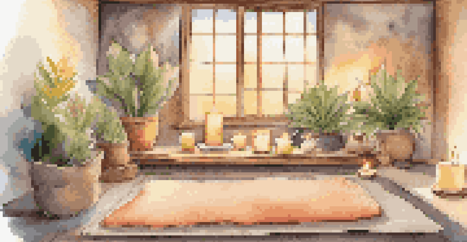 A meditation space with a yoga mat, cushions, and softly lit candles, surrounded by natural elements to create a calming atmosphere.