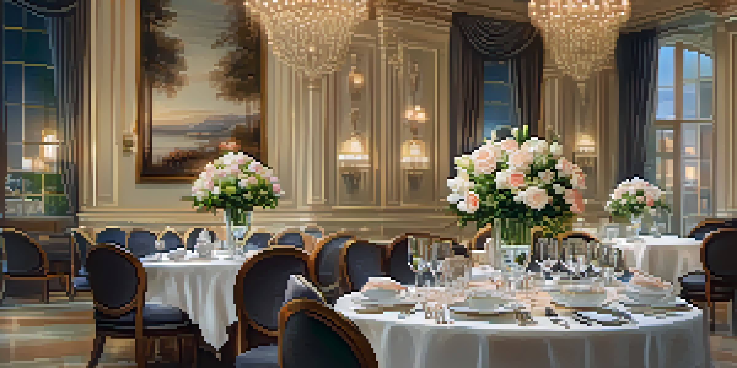 A luxurious dining table set with fine dishes and crystal glassware, illuminated by warm lighting, in a classy restaurant.