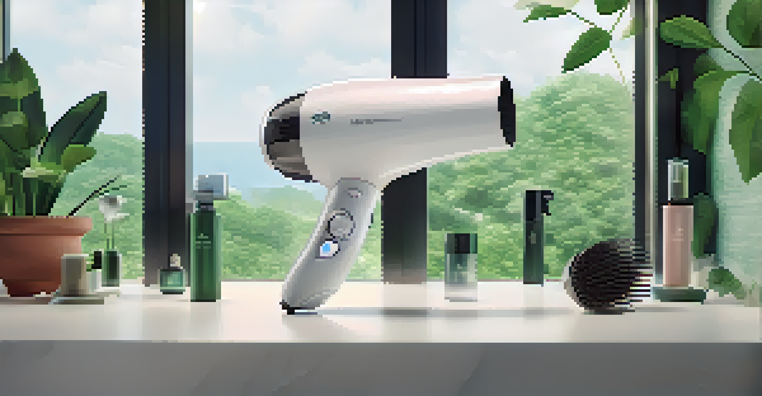 A futuristic hairdryer with a digital display indicating moisture levels, surrounded by greenery.