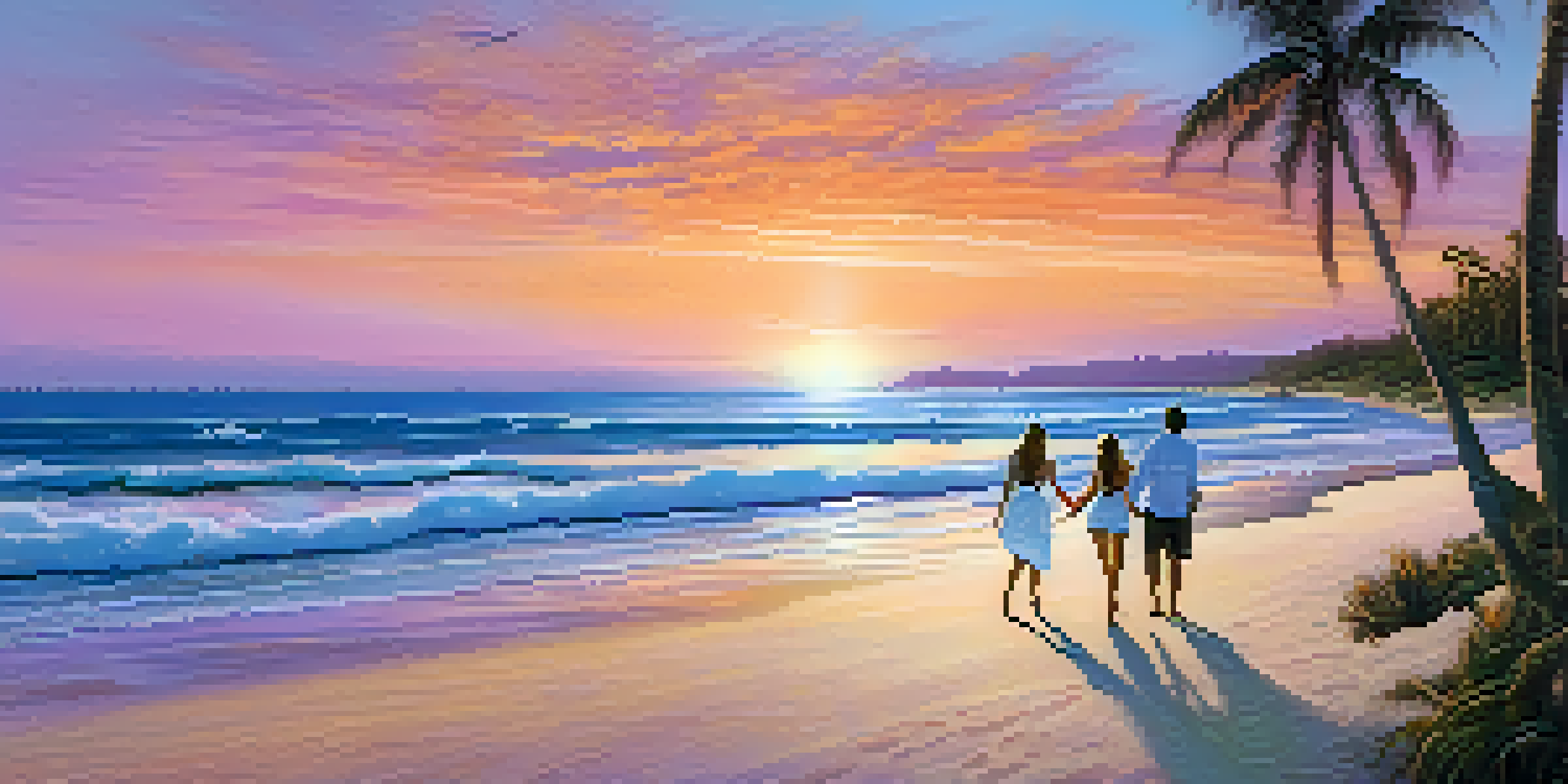 A couple walking hand in hand on a beach at sunset, with colorful skies and soft sand.