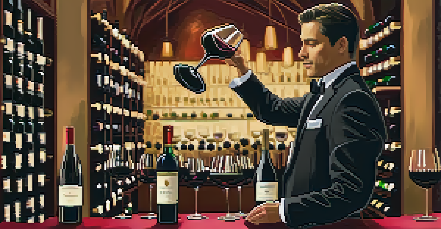 A sommelier pouring red wine in an elegant wine cellar during a tasting event.