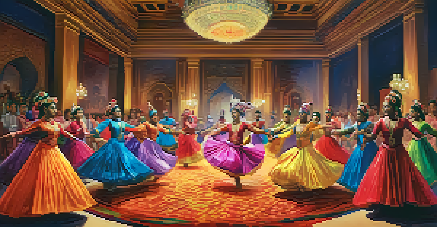 A traditional dance performance at a luxury event, featuring performers in colorful costumes illuminated by vibrant lighting.
