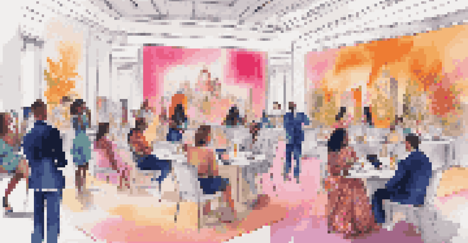 A lively virtual event with attendees in fashionable clothing, engaging through screens against a stylish background.