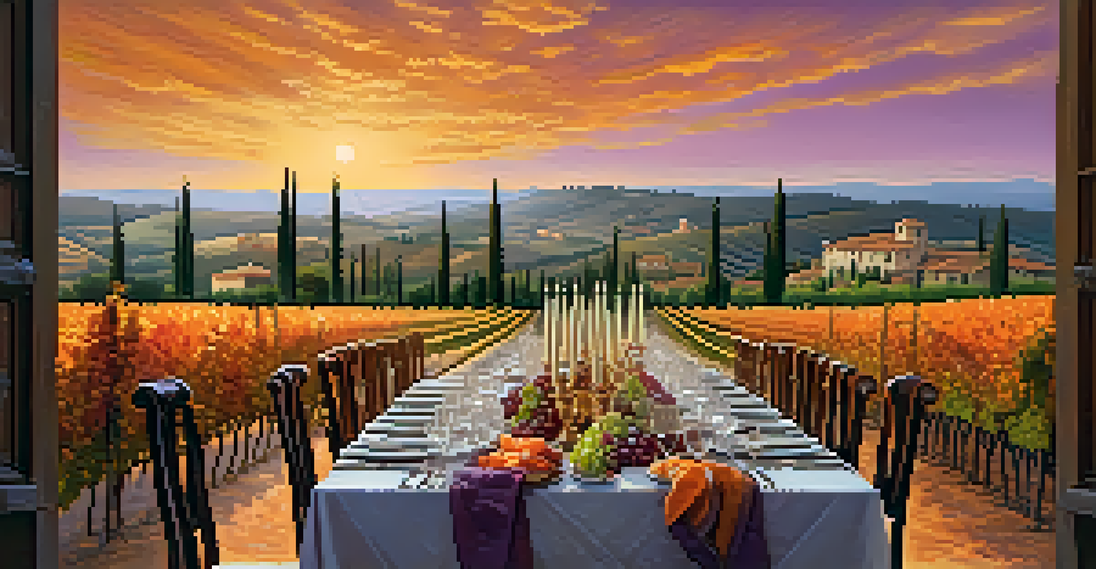 An elegant dining table set in a vineyard in Tuscany at sunset, with gourmet dishes and a colorful sky in the background.