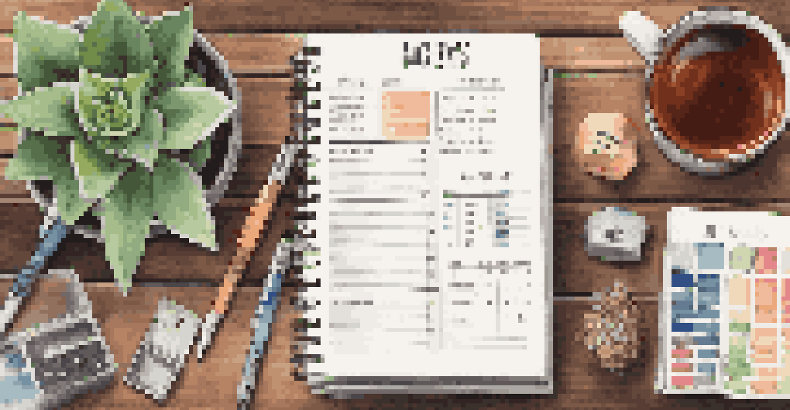 A budgeting planner with colorful pens and a cup of tea on a wooden table.