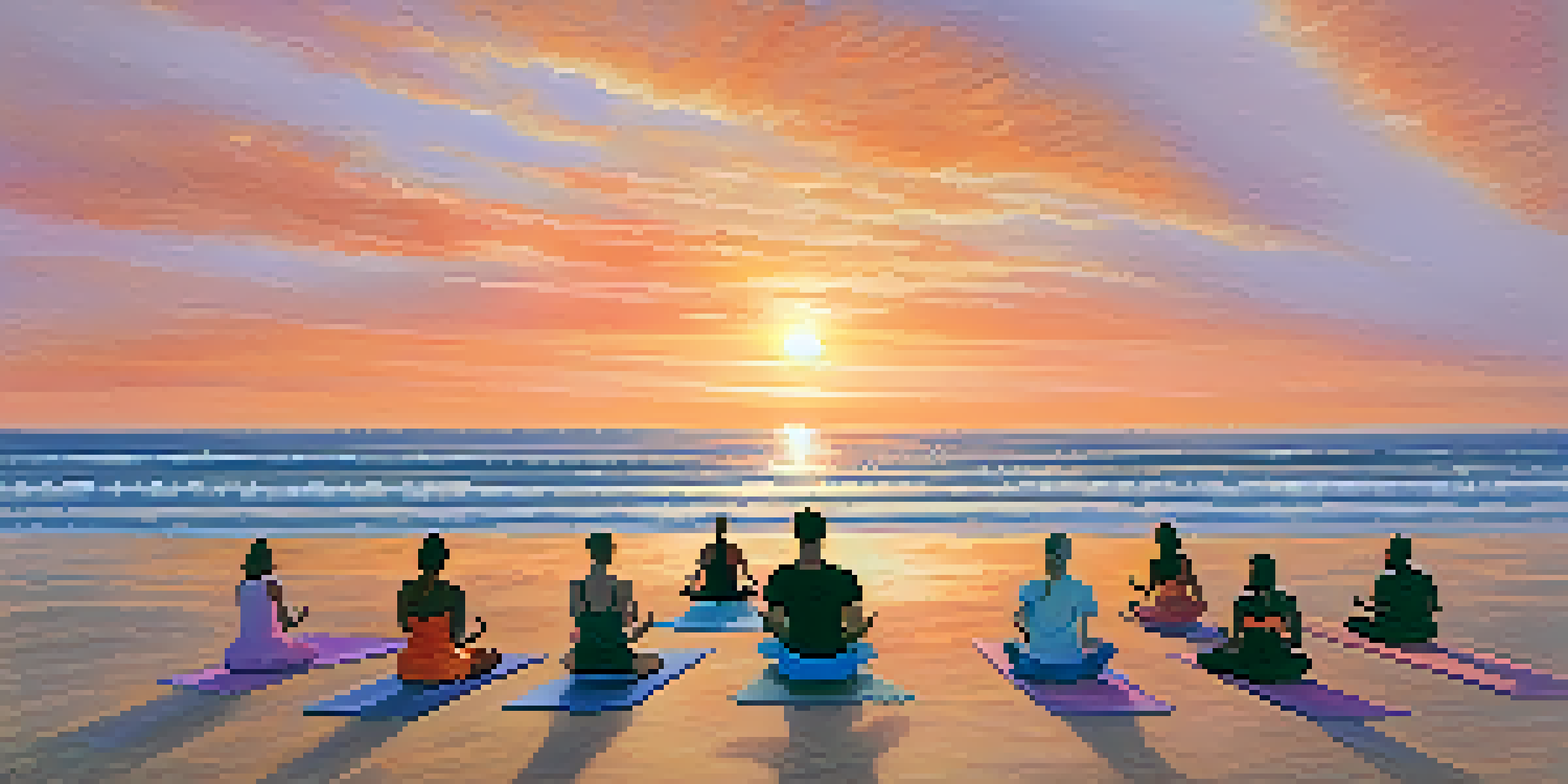 A peaceful beach at sunrise with a yoga class in session, surrounded by palm trees and a colorful sky.