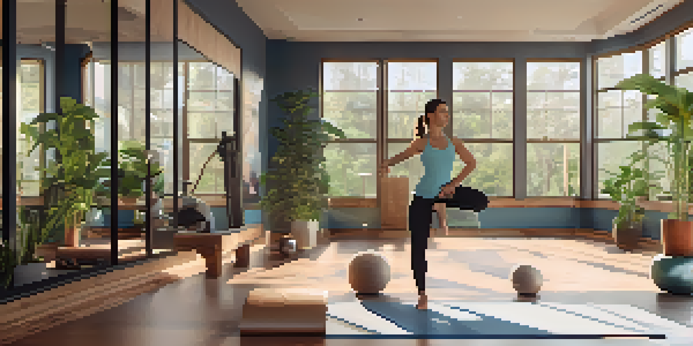 A bright and spacious luxury fitness studio with a personal trainer assisting a client in yoga, surrounded by high-end gym equipment and plants.