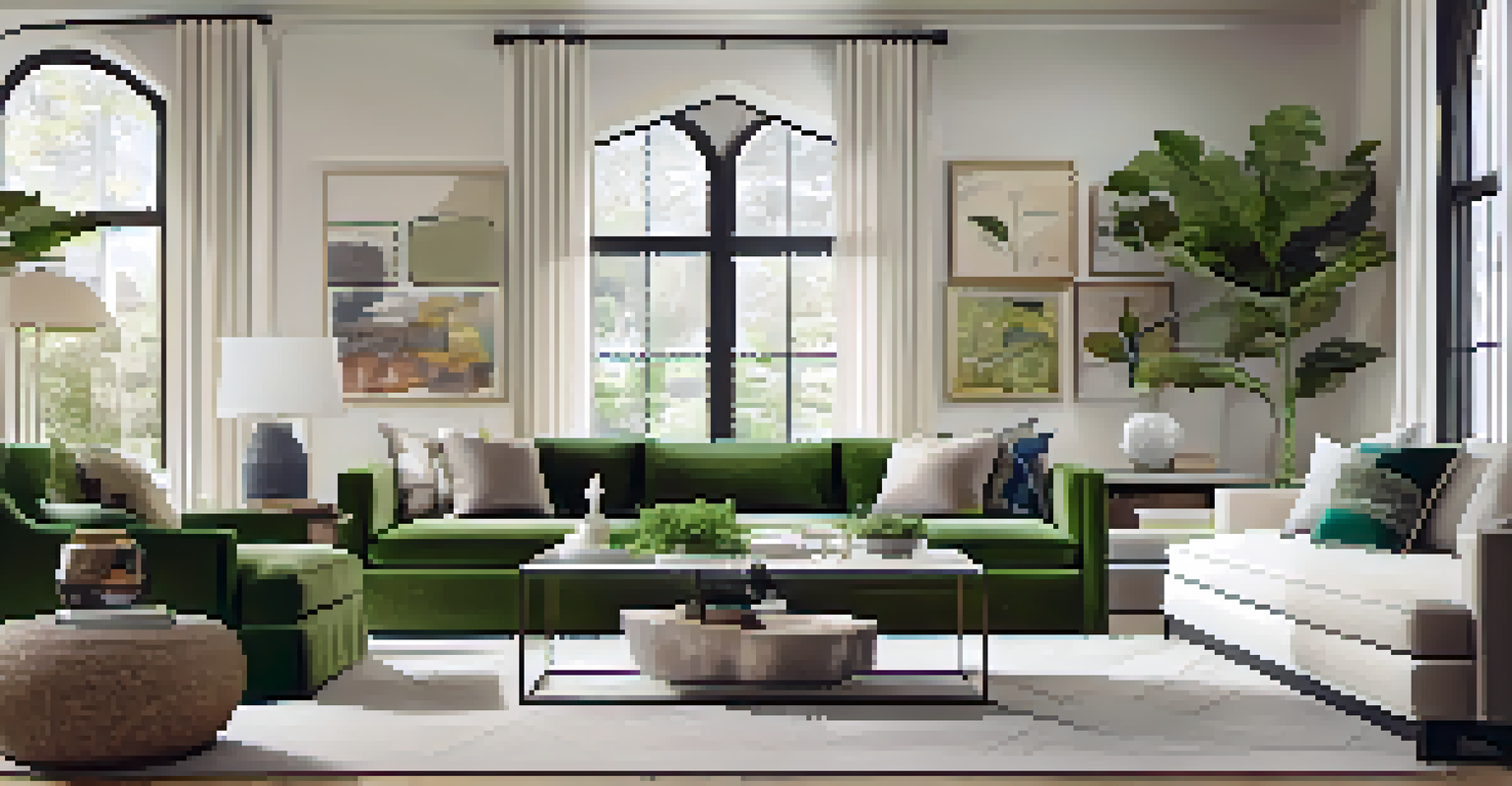 An elegant living room with modern furniture, bright sunlight, and indoor plants, decorated with art and pillows.