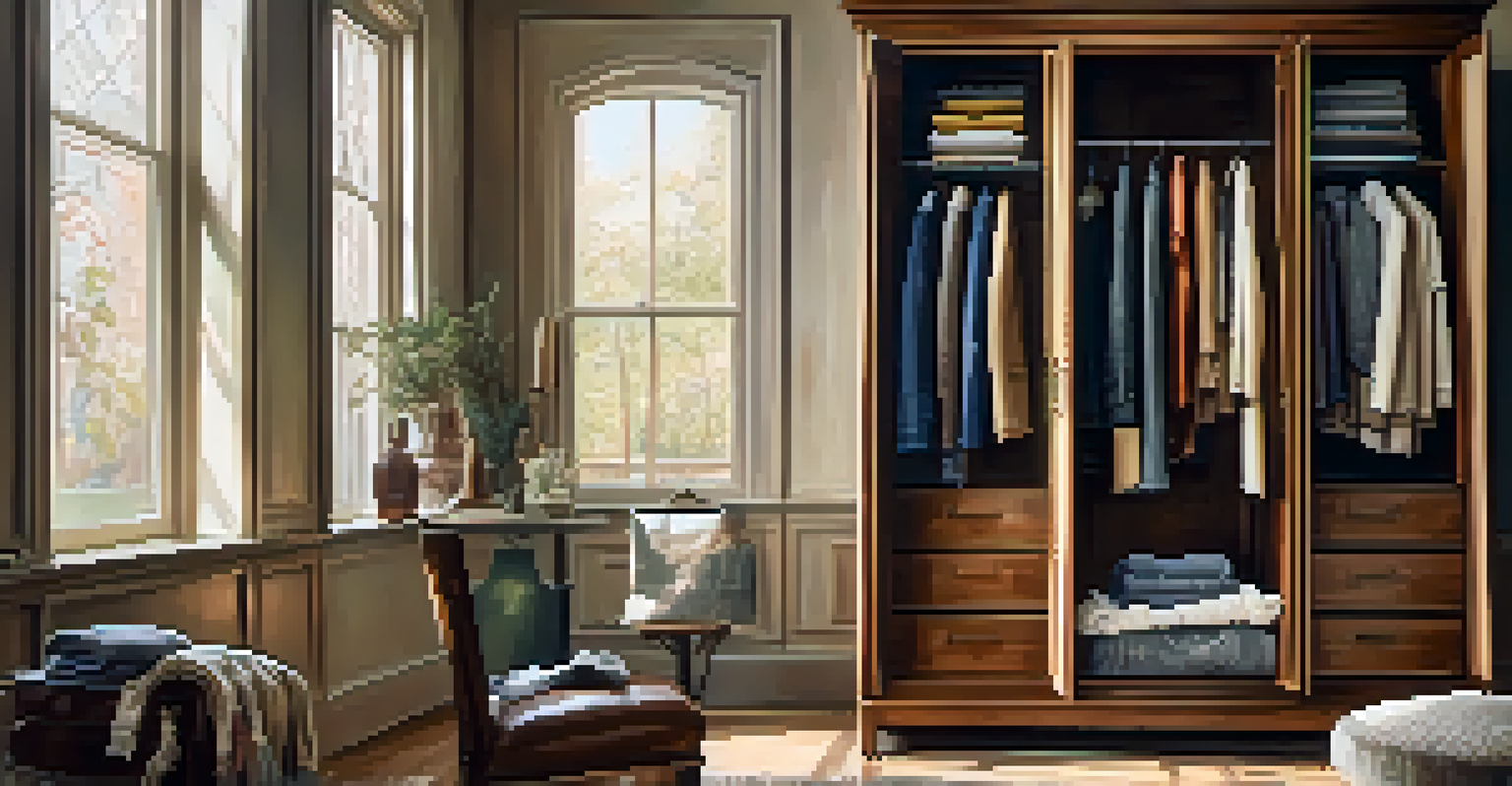 A classic organic cotton jacket displayed in a vintage wooden wardrobe, illuminated by soft natural light.