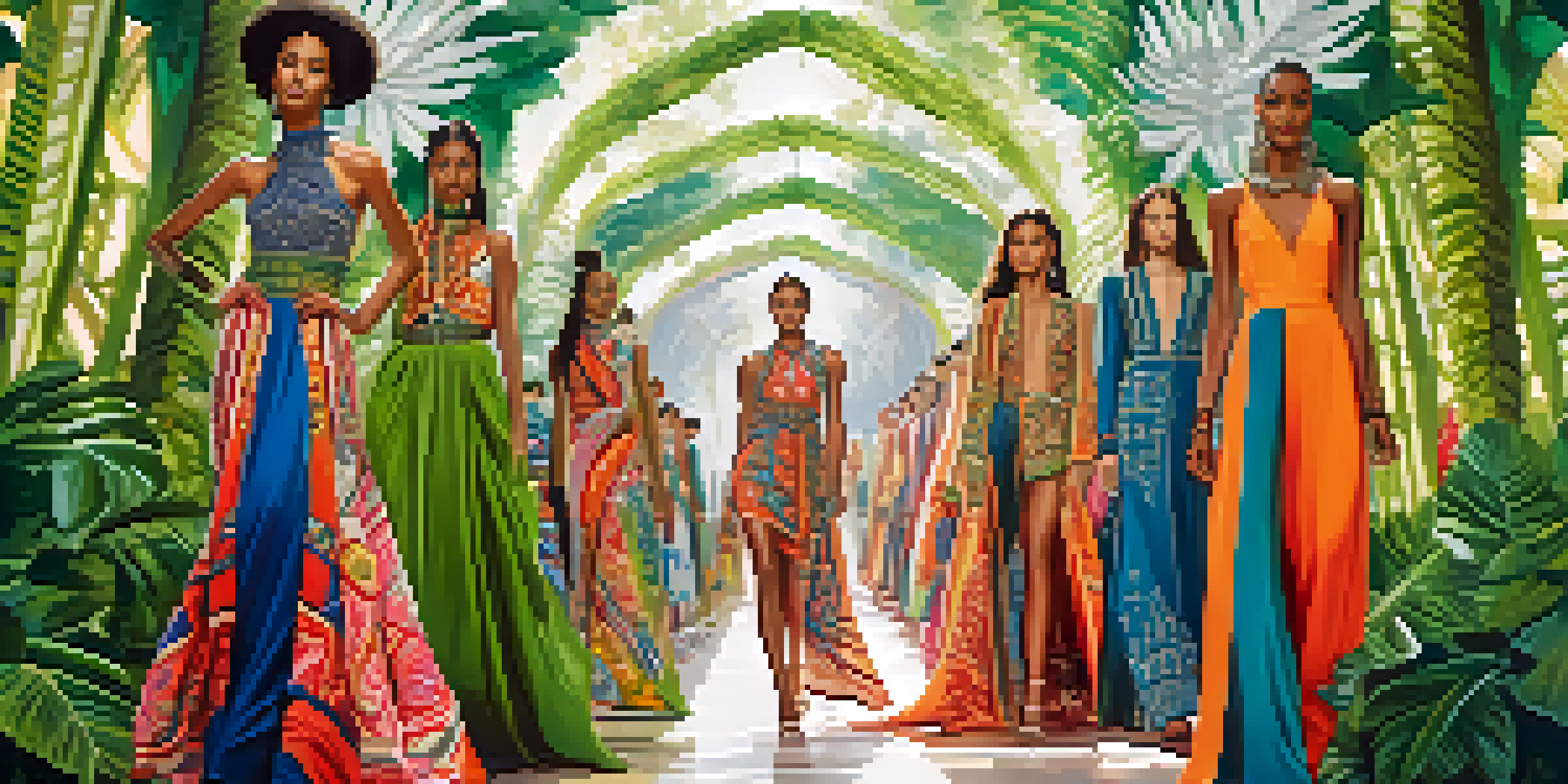 A fashion runway showcasing models in culturally inspired garments with vibrant patterns and traditional motifs, surrounded by a lush green backdrop.