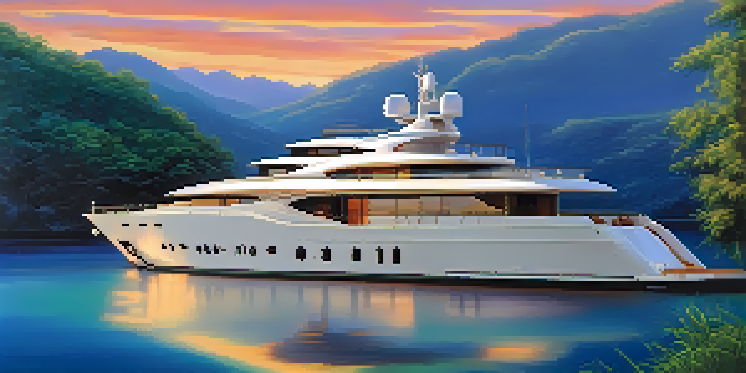 A luxurious yacht anchored in a calm bay at sunset, surrounded by greenery and hills, with warm light reflecting on the water.
