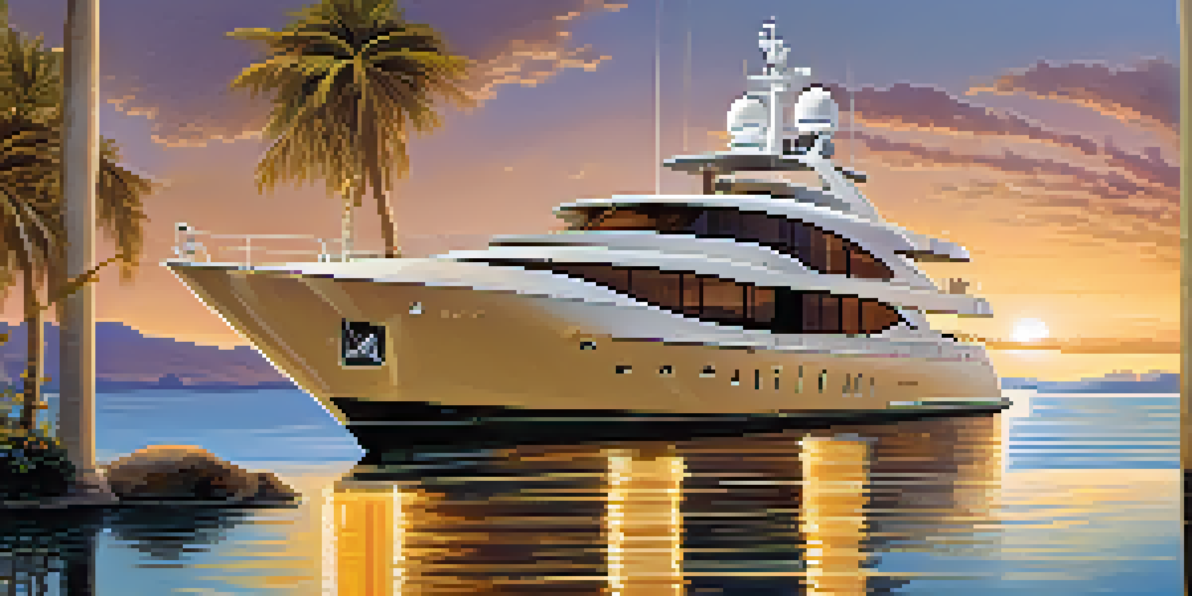 A stunning yacht at sunset in a tranquil bay, with reflections on the water and people enjoying themselves on the deck.