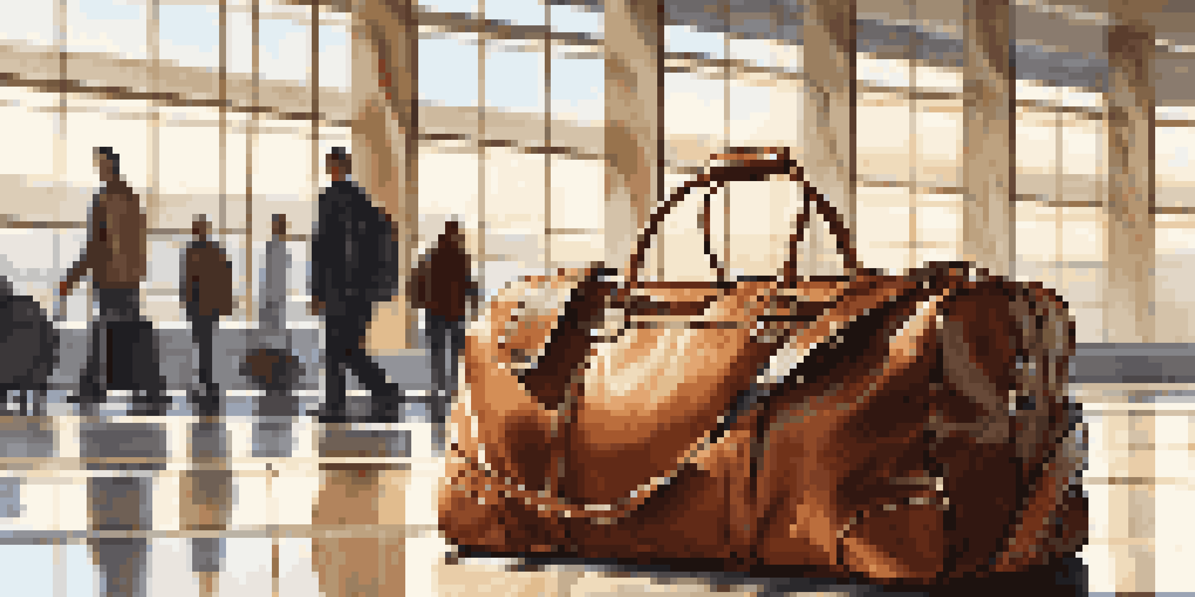A luxurious leather duffel bag on a marble airport floor with natural light, surrounded by blurred travelers.