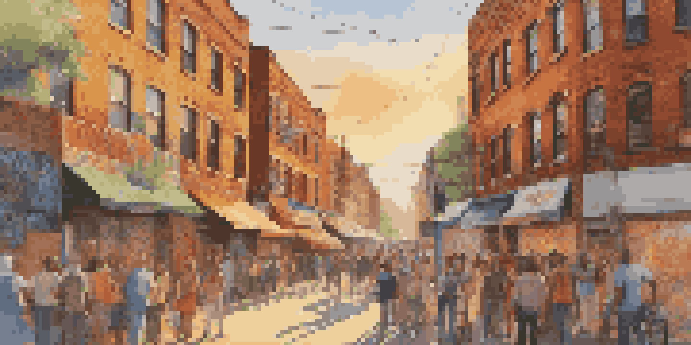 A colorful city street adorned with intricate street art murals, illuminated by soft sunset light, with people admiring the artwork.