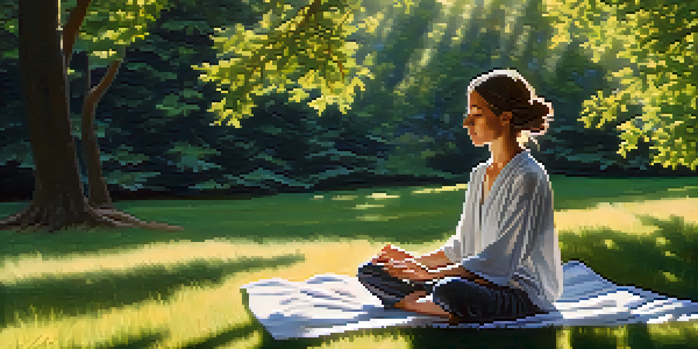 A person meditating outdoors, sitting on a blanket in a natural setting, with a calm expression.