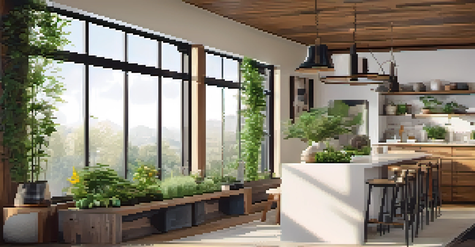 An upscale residential interior with large windows, organic materials, and an indoor herb garden, illuminated by natural light.