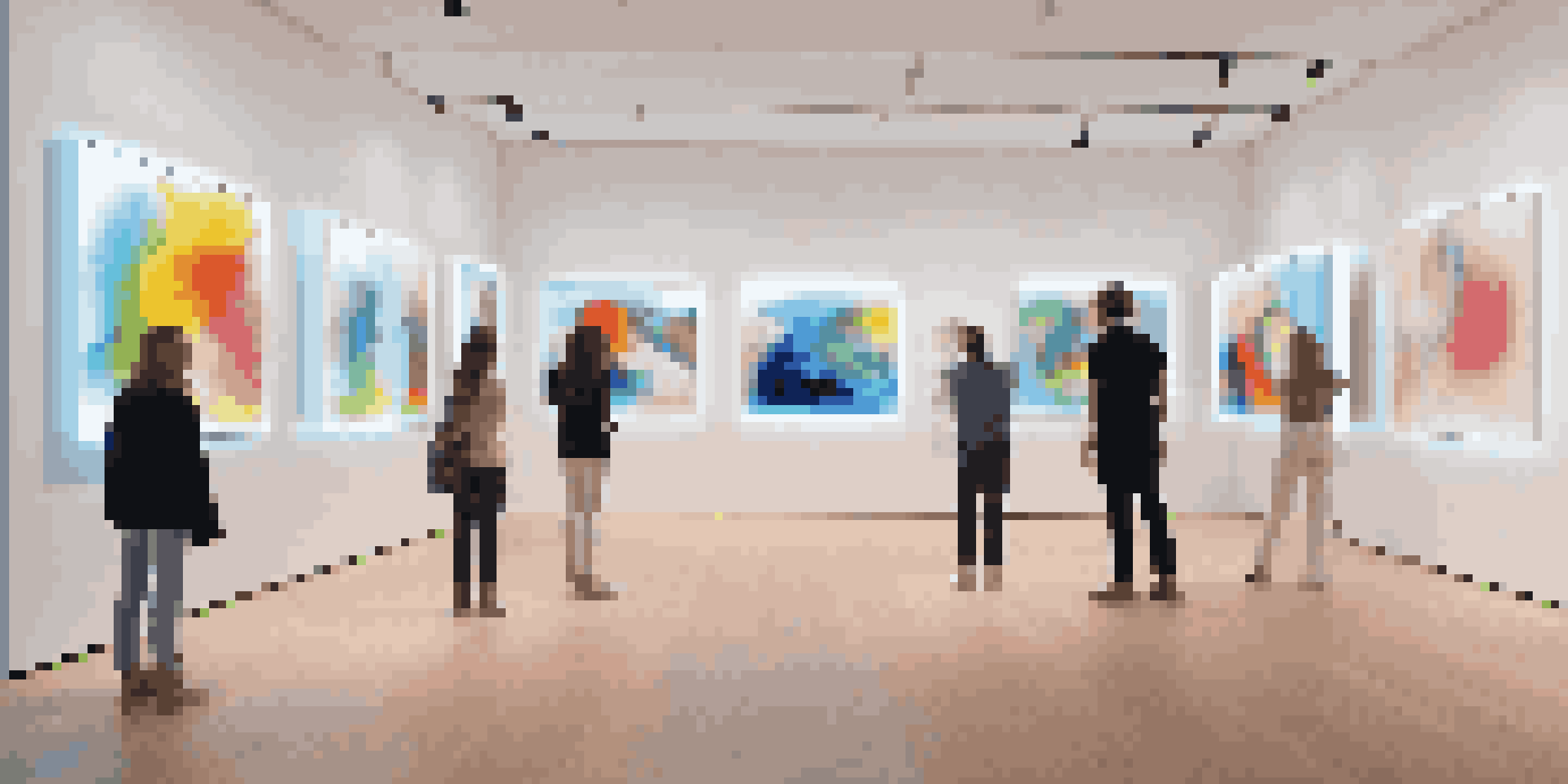 A contemporary art gallery filled with colorful digital art displays and visitors interacting with the installations.