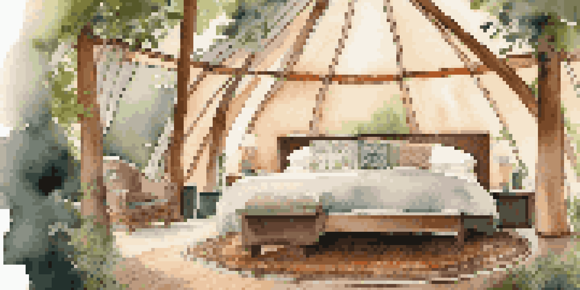 A cozy yurt in a forest, with a plush bed and warm lighting, surrounded by greenery and sunlight filtering through the trees.