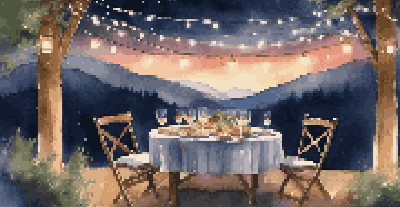 An outdoor dining table set under the stars with gourmet meals and fairy lights, against a backdrop of mountains illuminated by moonlight.