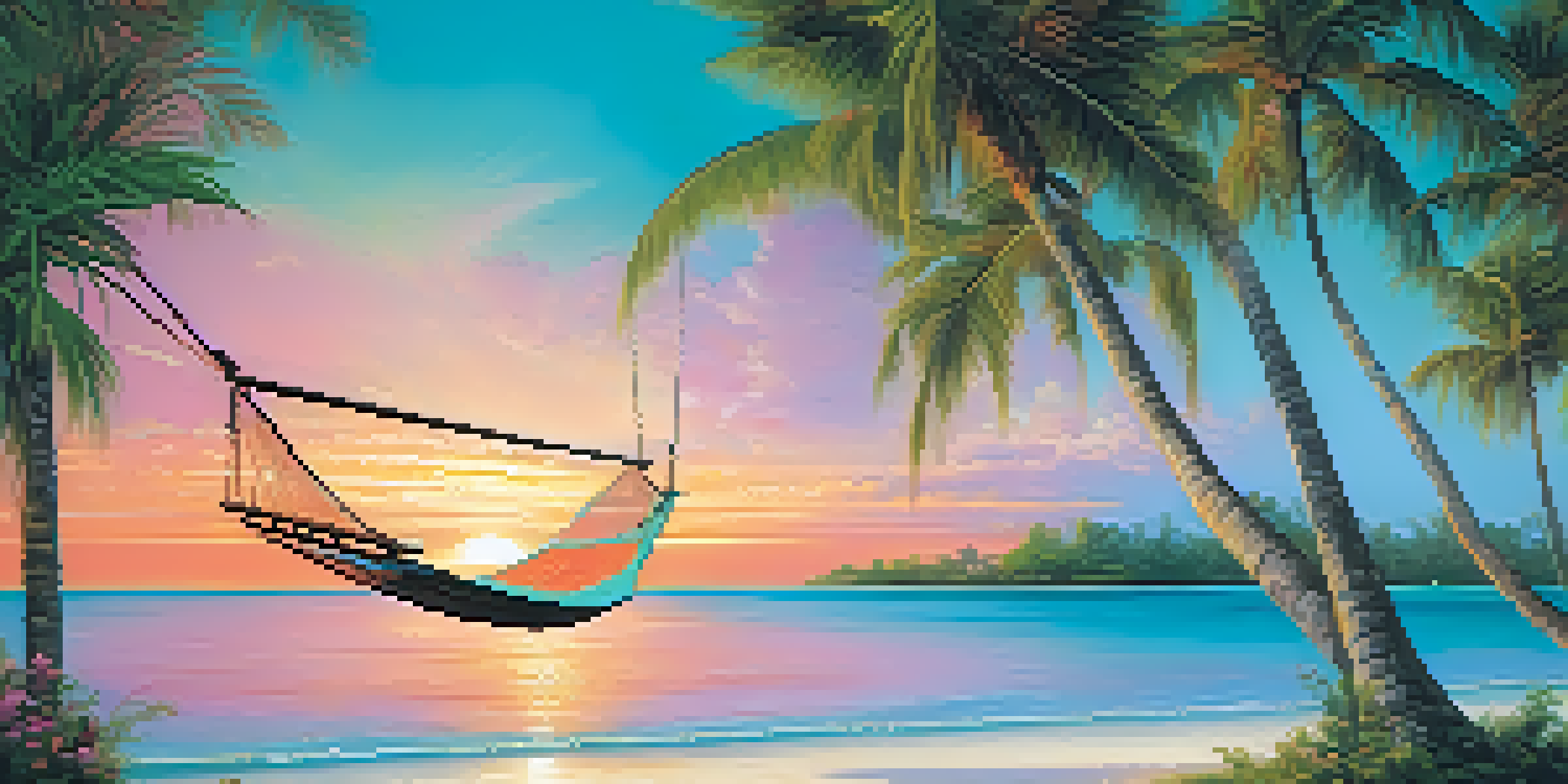 A tranquil private island with white sand beaches and turquoise waters, featuring a hammock between palm trees and a colorful sunset.