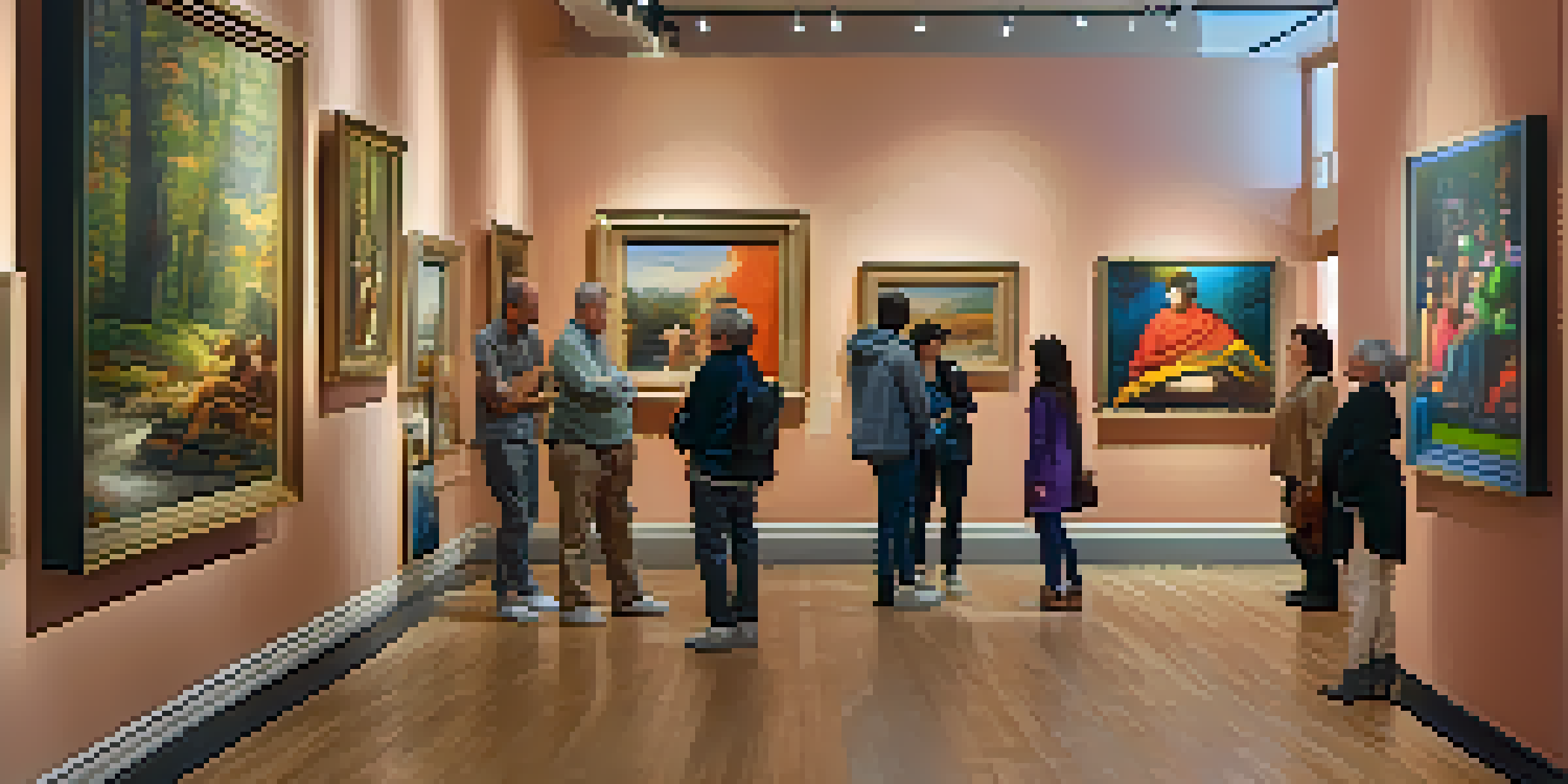 An art gallery filled with various artworks and visitors discussing art pieces in a warmly lit environment.