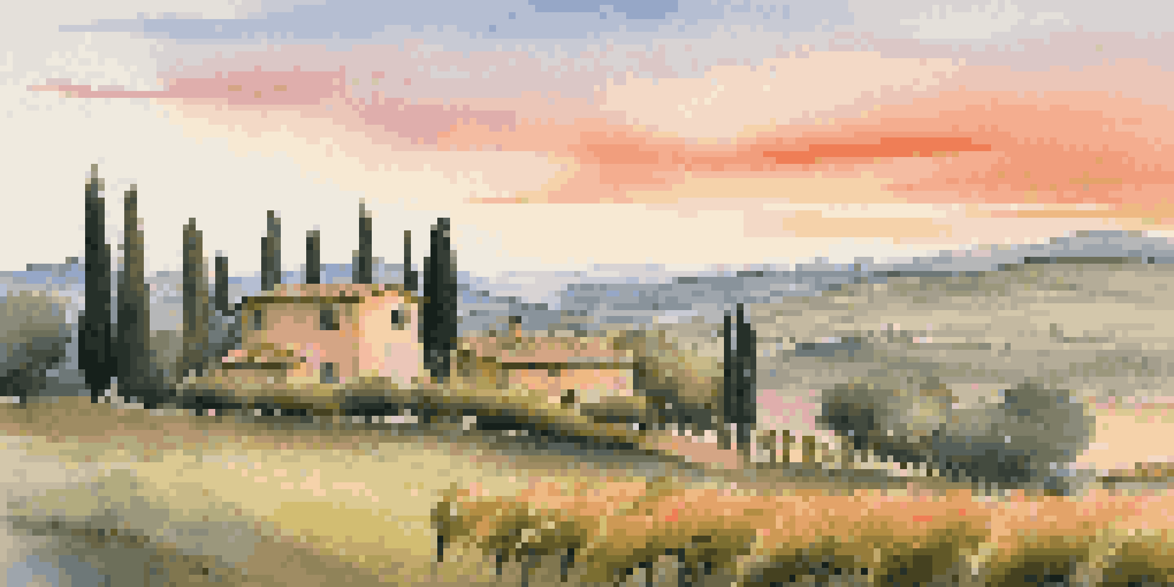 A picturesque Italian countryside scene at sunset, featuring lush vineyards and a rustic farmhouse.