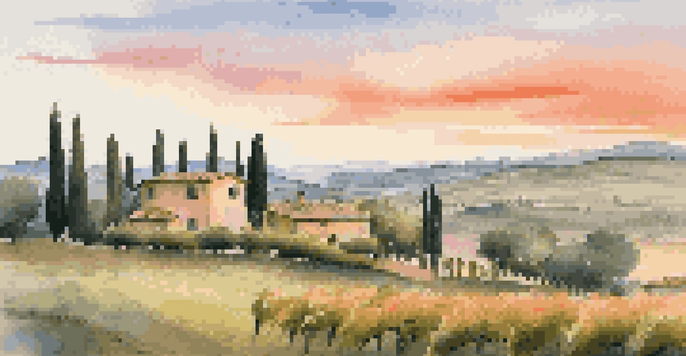 A picturesque Italian countryside scene at sunset, featuring lush vineyards and a rustic farmhouse.